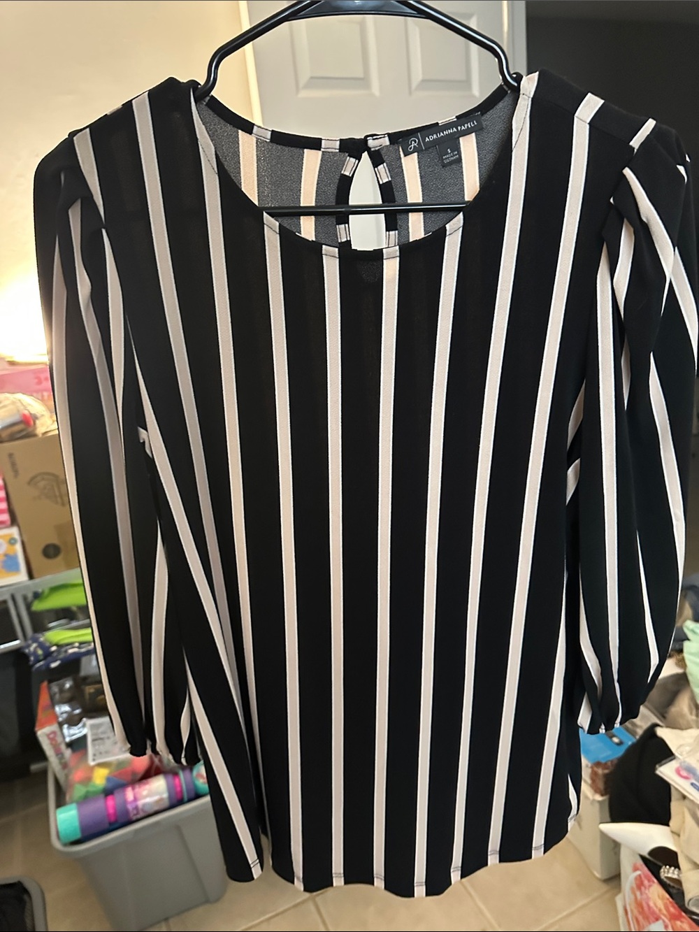 Adrianna Papell Black and White Vertical Stripe Long Sleeve Blouse Dress